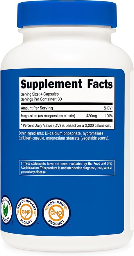 Nutricost Magnesium Citrate 420mg, 120 Veggie Capsules - 30 Servings, Gluten Free, Non-GMO Supplement
