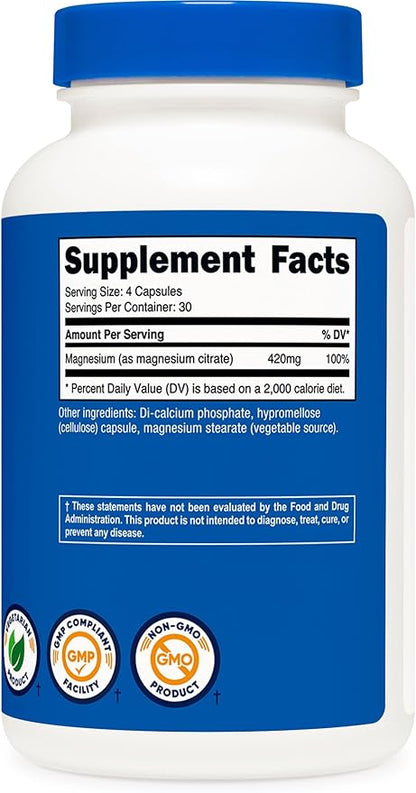 Nutricost Magnesium Citrate 420mg, 120 Veggie Capsules - 30 Servings, Gluten Free, Non-GMO Supplement