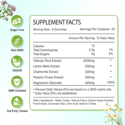 Organic Valerian Root Gummies, Natural Calm to Help Relaxation, Herbal Supplement for Mood Support, Melatonin Free, Non-GMO, Gluten Free, Vegan, Green Grape Flavor, 60 Count