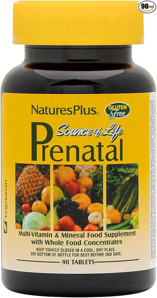Natures Plus Source of Life Prenatal - 800 mcg Folate, 90 Vegetarian Tablets - All Natural Prenatal Vitamin & Minerals with Iron & Calcium - Optimal Health & Energy - Gluten-Free - 45 Servings