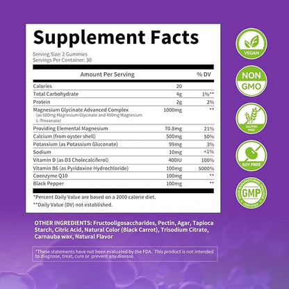 Magnesium Glycinate Gummies 1000mg - for Adults Magnesium Potassium Supplement with Vitamin D, B6, CoQ10 for Calm Mood & Sleep Support - 120 Blueberry Gummies -2 Pack