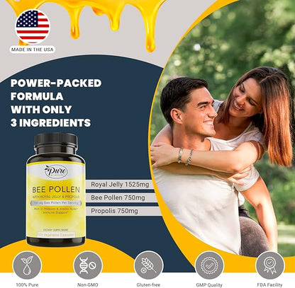 Pure By Nature Bee Pollen Supplement with Propolis & Royal Jelly for Immune Support, Antioxidant Properties, 120 Non-GMO Vegetarian Capsules