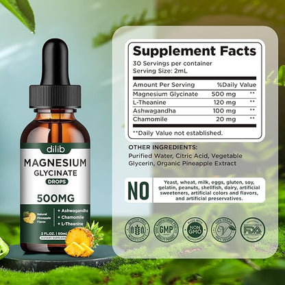 (2 Pack) Magnesium Glycinate Supplement, Magnesium Liquid Drops with Magnesium Glycinate 500mg Ashwagandha, L - Theanine, Chamomile -Supports Optimal Calm Sleep Vegan