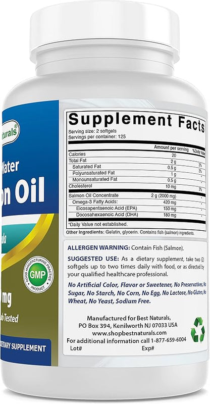 Best Naturals Salmon Oil 1000 mg 250 Softgels Manufactured in a USA Based GMP Certified and FDA Inspected Facility and Third Party Tested for Purity. Guaranteed!!