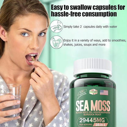 Sea Moss 12000mg Black Seed Oil 6000mg Ashwagandha 3000mg Turmeric 1000mg Bladderwrack 2000mg Burdock 3000mg & Vitamin C & D3 with Elderberry Manuka Dandelion Yellow Dock Iodine Chlorophyll ACV