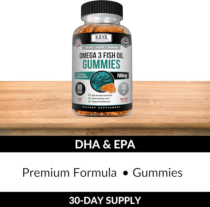 Kaya Naturals Omega 3 Fish Oil Gummies -Fish Oil Supplement with EPA & DHA Fatty Acids - Helps Support Brain, Eye, Heart Health & Immune Support - Non-GMO - 60 Count