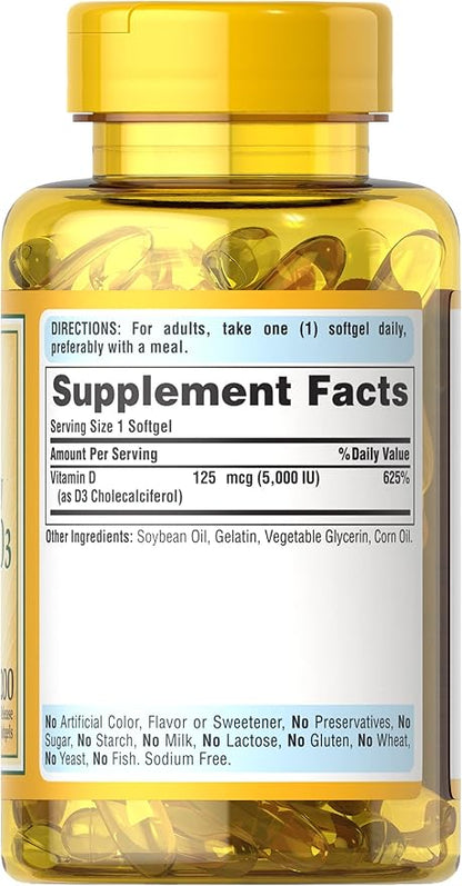 Puritan's Pride Vitamin D3 5,000 IU Bolsters Immunity for Immune System Support and Healthy Bones and Teeth Softgels, Packaging May Vary, Unflavored, 200 Count (Pack of 2)