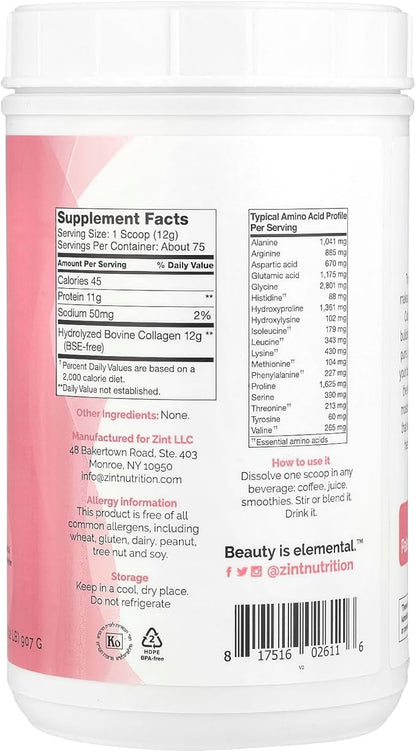 Zint Collagen Peptides Powder (32 oz): Anti Aging Hydrolyzed Collagen Protein Powder Beauty Supplement - Skin, Hair, Nails