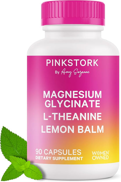 Pink Stork Magnesium Glycinate, L-Theanine, Lemon Balm - Melatonin-Free Magnesium for Sleep Support - Natural Calm and Relaxation - 90 Capsules