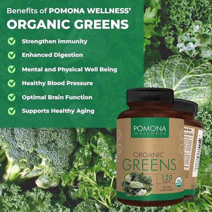 Pomona Wellness Super Greens Supplement, Full of Superfood Vitamins & Minerals, Fruits & Vegetable, Greens Powder for Bloating and Digestion, Gut Health, USDA Organic, Non-GMO, 240 Tablets (2 Pack)