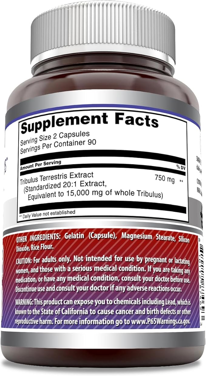 Amazing Formulas Tribulus 750 Mg Extract 20:1Supplement | 15000 Mg Equivalent | 180 Capsules | Non-GMO | Gluten-Free | Made in USA