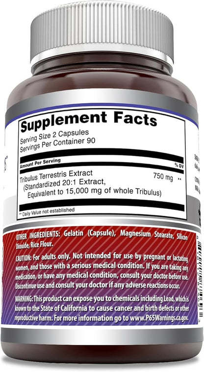 Amazing Formulas Tribulus 750 Mg Extract 20:1Supplement | 15000 Mg Equivalent | 180 Capsules | Non-GMO | Gluten-Free | Made in USA
