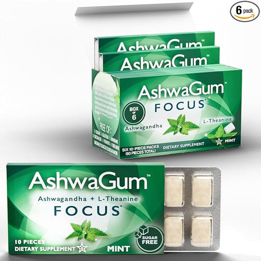 AshwaGum FOCUS Gum by BetterGum, High Potency Brain Supplement with KSM 66 Ashwagandha and L Theanine, Supports Concentration and Memory, Alternative to Gummies, Sugar-Free, 10 Pieces - 6 Pack