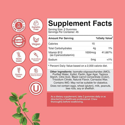Vitamin B12 Gummies for Adults - Sugar Free Vitamin B12 1000 mcg Chewable Gums for Energy & Mood Support, Immune & Nerves Health - Kosher Non-GMO & Gluten Free Supplement for Women & Men - 90 Count