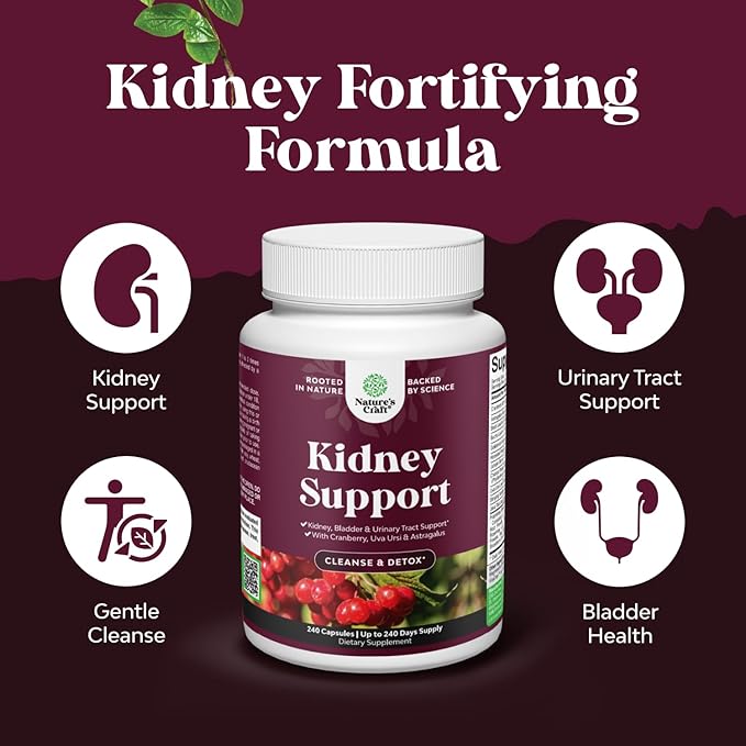 Kidney Support Supplement - High Strength Kidney Cleanse, Detox & Repair Cranberry Extract Capsules with Uva Ursi, Stinging Nettle & Chanca Piedra - Urinary Tract Health & Bladder Cleanse - 240 Caps