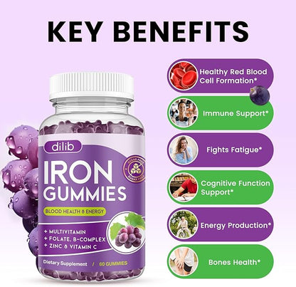 Iron Gummies with Multivitamin, Iron Supplement for Women & Men with Zinc, Vitamin B Complex & C, B12, Folate - Blood Builder & Energy Support for Adults & Kids - Grape Flavor, Vegan 60 Gummies