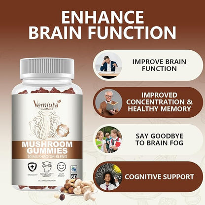 1 Pack 5000MG Mushroom Gummies -10 Blend Organic Mushroom Supplement containing Lion's Mane and Reishi for Brain and Immune Boosting, Vegan Blueberry Flavor, Non-GMO, 60 Counts