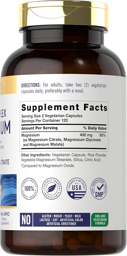 Carlyle Triple Magnesium Complex | 400 mg | 240 Capsules | Magnesium Malate, Glycinate & Citrate | Vegetarian, Non-GMO, and Gluten Free Supplement