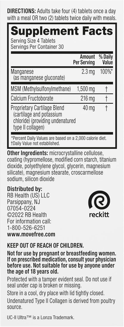 Move Free Ultra Pro with Quadruple Action Joint Support - Type 2 Collagen MSM Calcium Fructoborate & Manganese - Supports Joint Cartiliage Bone Connective Tissue, 120 Tablets (30 servings)