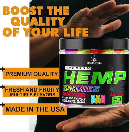Hemp Gummies Premium Hemp Oil Gummy Bears Edibles-Natural Calm, Peace and Relaxation-Promote Sleep, Back-Natural Omega 3 6 9-High Potency Hemp-Made in USA