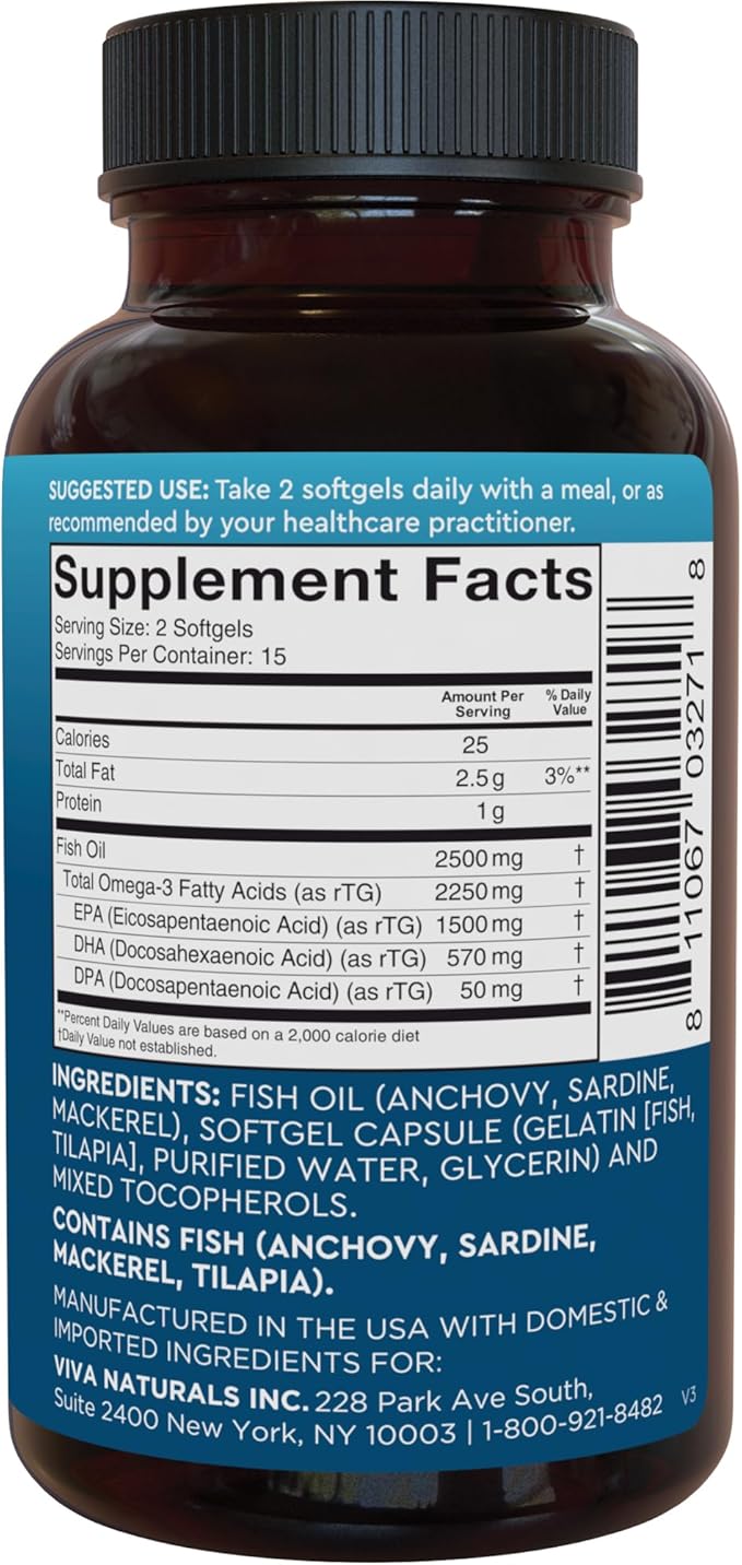 Viva Naturals Omega 3 Fish Oil Supplement for Women and Men - 2500 mg Triple Strength Fish Oil Pills with Re-Esterified Omega 3 Fatty Acids Including EPA, DHA DPA - 30 Pescatarian-Friendly Softgels