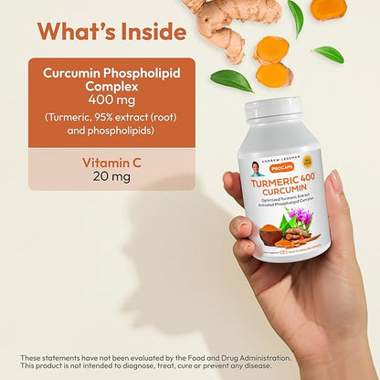 ANDREW LESSMAN Turmeric 400mg - 120 Capsules - 95% Curcuminoids as Phospholipid Complex for Optimum Benefits and Absorption, High Potency Standardized Extract, Small Easy to Swallow Capsules