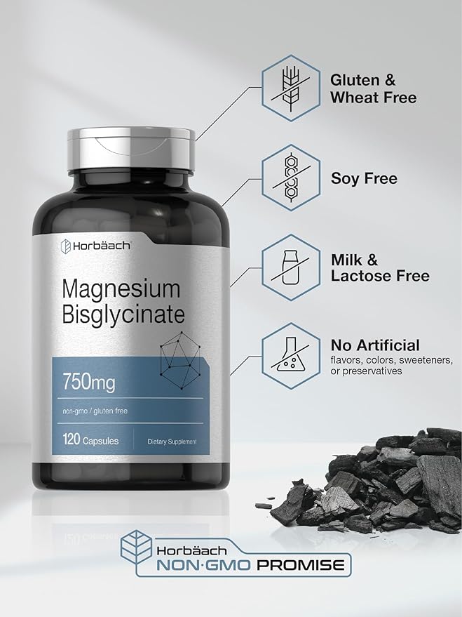 Horbäach Magnesium Bisglycinate | 120 Capsules | 750mg | Non-GMO and Gluten Free Supplement