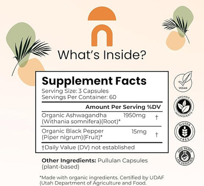 NutriRise Organic Ashwagandha Root Capsules with Black Pepper 1950mg, Natural Stress & Mood, Thyroid & Immune Support Supplement, Sleep Aid, Clarity, Focus & Energy, Gluten Free, 180 Count