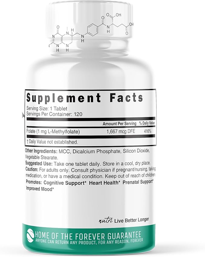 Nature's Fusions Nutri 5-MTHF L Methylfolate 1MG - 4 Month Supply, 120 Vegan Tablets - Methylated Folate Supplement - Cognitive Function, Heart Health, Prenatal Support - Methylated Folic Acid