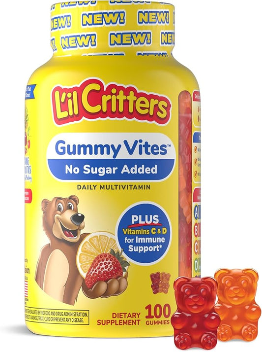 L’il Critters Gummy Vites No Sugar Added Daily Gummy Multivitamin for Ages 2+ Toddlers & Kids, Vitamin C, D3 for Immune, Strawberry and Orange Flavors, 100 Gummies