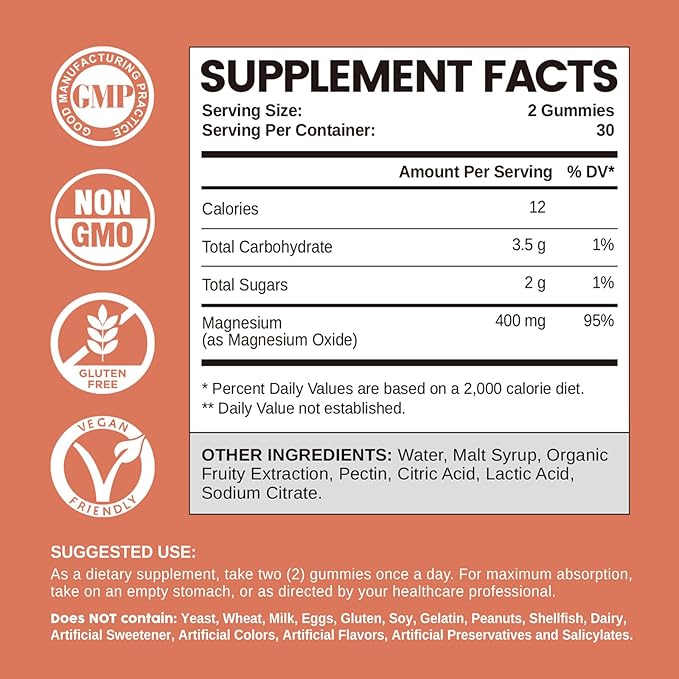 Magnesium Oxide 400mg Gummies, Magnesium Oxide Chewable Supplement for Muscle, Nerve & Heart Health, Vegan, Pinapple Flavor, 60 Count