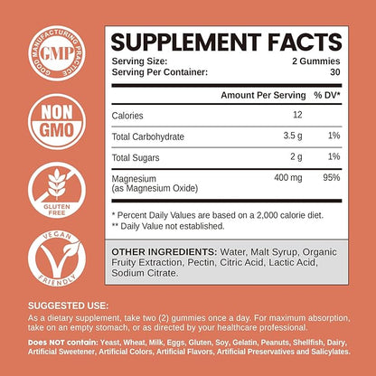 Magnesium Oxide 400mg Gummies, Magnesium Oxide Chewable Supplement for Muscle, Nerve & Heart Health, Vegan, Pinapple Flavor, 60 Count