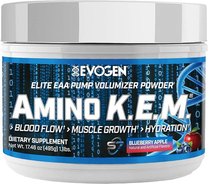 Evogen Amino K.E.M. - EAA & BCAA Powder Pump Volumizer | BCAAs Amino Acids Supplement for Blood Flow, Muscle Growth, & Hydration | Blueberry Apple | 30 Servings