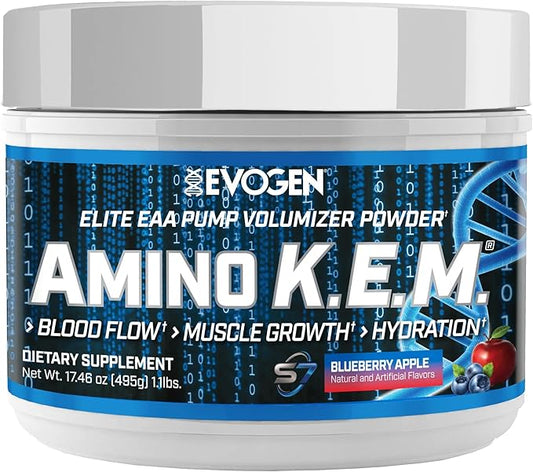 Evogen Amino K.E.M. - EAA & BCAA Powder Pump Volumizer | BCAAs Amino Acids Supplement for Blood Flow, Muscle Growth, & Hydration | Blueberry Apple | 30 Servings