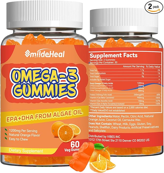 2 Pack Omega 3 Gummies Supplement 1000mg, High Absorption DHA & EPA, Heart, Brain & Joint Support, Extra Strength Fish Oil Omega 3 Gummies Vitamins, 120 Count
