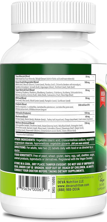 DEVA Tuba Prime Vegan Multivitamin - High-Potency Vitamin and Mineral Dietary Supplement - Antioxidants, Fruit and Vegetable Blend, Super Mushrooms, Probiotics, Prebiotics, Seeds, Herbs - 90 Tablets