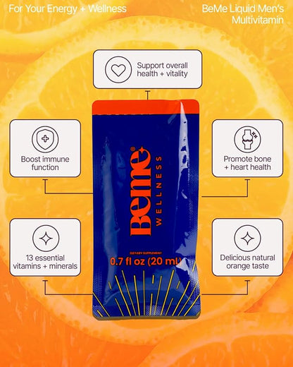 BeMe Liquid Multivitamin for Men - Clinically Tested Mens Multivitamin, 2X Faster Absorption & High Bioavailability - A, B-Complex, C, D, E, K, Calcium, Zinc, Magnesium - Non-GMO, Soy, Dairy Free
