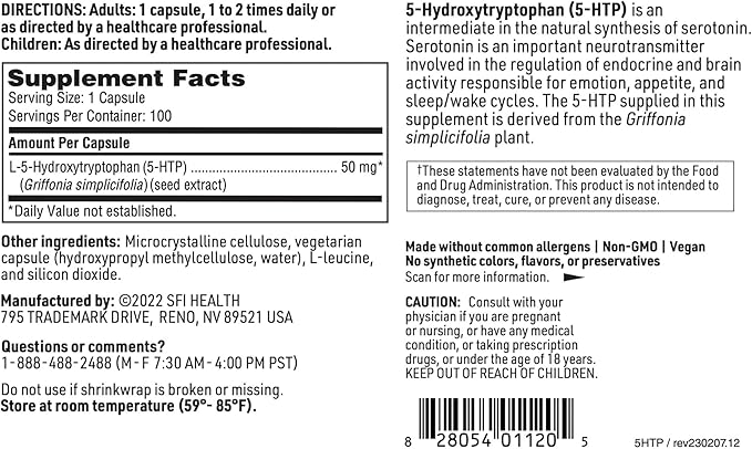 Klaire Labs 5-HTP 50 mg - Hypoallergenic 5-HTP from Griffonia Seed Extract - Hydroxytryptophan Serotonin Support Supplement to Promote Mood (100 Capsules)