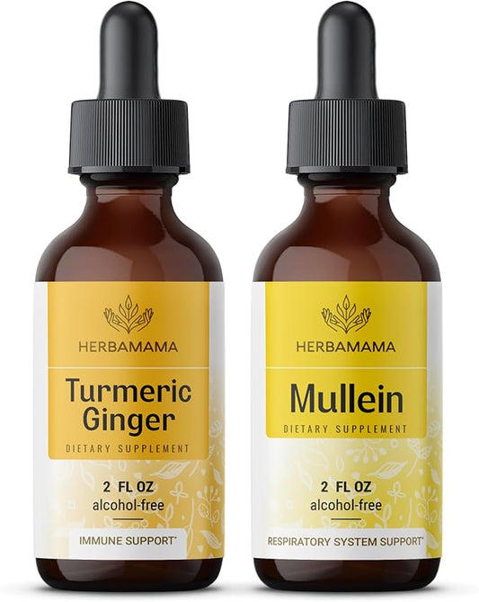 HERBAMAMA Liquid Drops Kit - Bundle of Turmeric Ginger Extract and Mullein Leaf Tincture 2 fl oz - Vegan, Non-GMO, Sugar & Alcohol-Free - 2 Pack