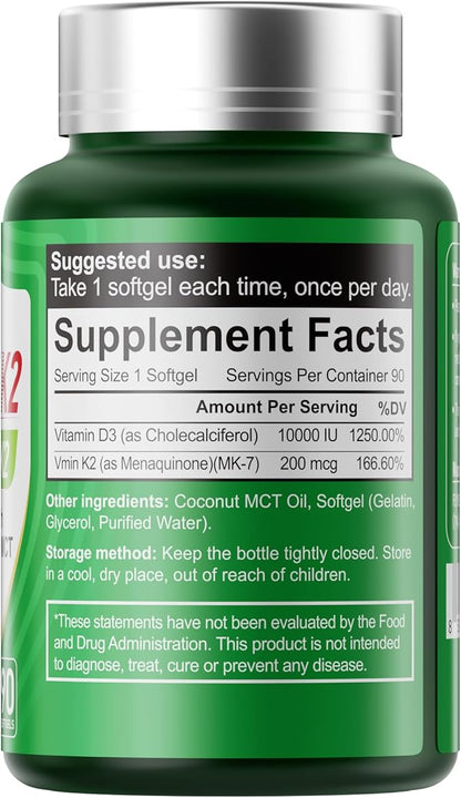Vitamin D3 K2 Softgels, D3 10000 IU with K2 (MK-7) 200 mcg with Coconut Oil Softgels, Easy to Swallow 2 in 1 Vitamins D & K, Supports Calcium Absorption, Immune and Heart Health - 90 Counts