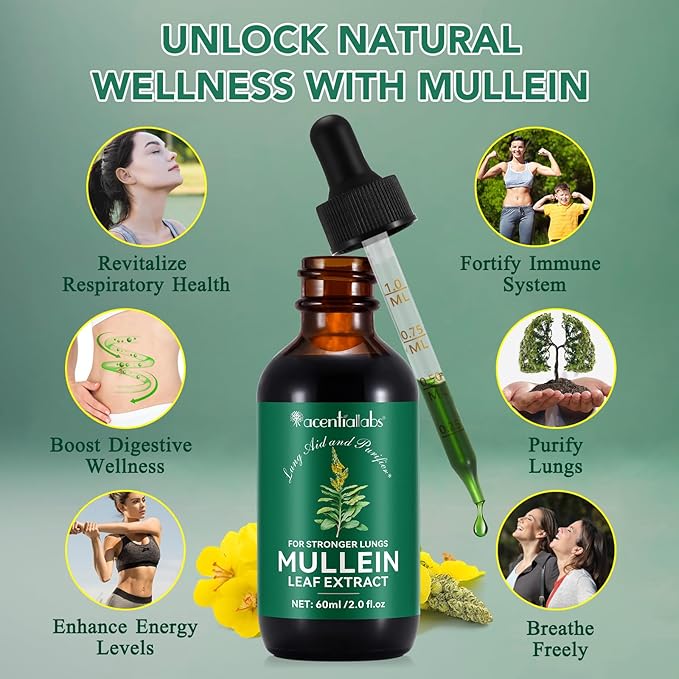 Mullein Drops for Lungs 2 Fl Oz - Mullein Leaf Extract for Lungs with Chlorophyll - Natural Herbal Supplement for Lung Cleanse, Respiratory Support, Boosts Immunity, Digestive Wellness