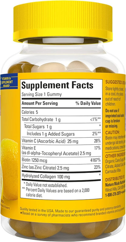 Nature Made Collagen Gummies with Vitamin C, Zinc and Biotin, Hydrolyzed Collagen Peptides Supplement for Healthy Skin Support, 60 Gummies, 60 Day Supply