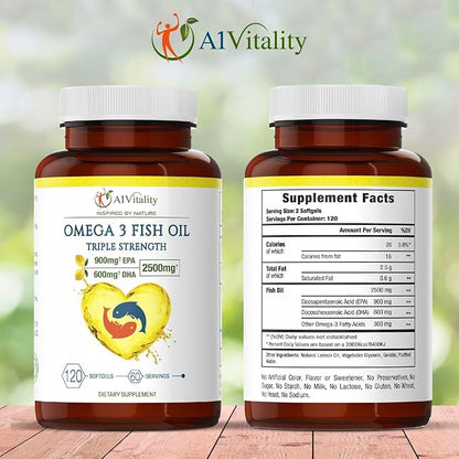 Omega 3 Triple Strength EPA DHA Supplement - 2500mg Lemon Flavored Burpless Fish Oil - High Potency 900mg EPA 600mg DHA Supports Circulation, Brain, Heart, Eye, Skin, Bone & Joints - 120 Softgels