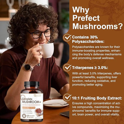 NATURE TARGET Mushroom Supplement, Mushroom Complex with Lion's Mane, Turkey Tail, Reishi, Cordyceps, Shiitake, 14-in-1 Mushrooms for Memory and Focus, 120 Capsules
