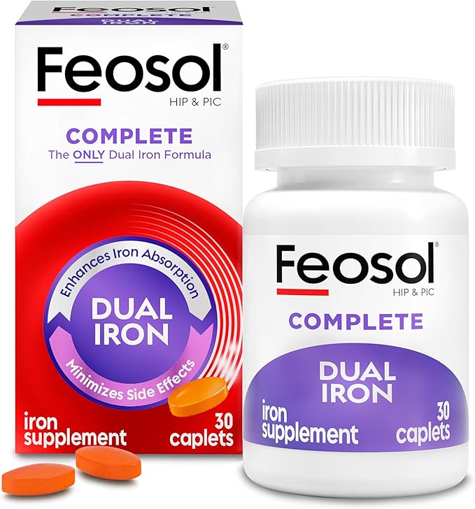 Feosol Complete Iron Supplement Caplets, Bifera Iron for High Absorption, Heme and Non-Heme Dual Action Minimizes Side Effects, 1 Per Day, for Energy and Immune System Support, Made in USA, 30 Count
