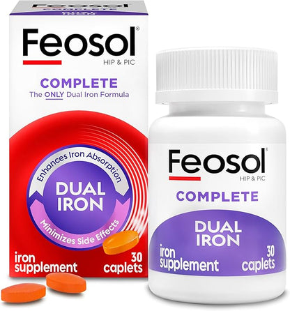Feosol Complete Iron Supplement Caplets, Bifera Iron for High Absorption, Heme and Non-Heme Dual Action Minimizes Side Effects, 1 Per Day, for Energy and Immune System Support, Made in USA, 30 Count