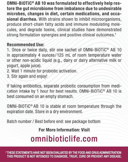 AB 10 - Clinically Tested Restorative Probiotic - Supports & Restores Gut Flora & Digestion - Digestive Probiotic for Diarrhea - Vegan, Hypoallergenic, Non-GMO (30 Daily Packets)