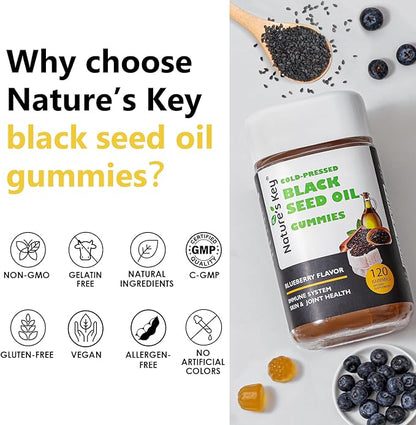 Nature's Key Black Seed Oil Gummies,Support Immunity, Joints, Digestion, Hair & Skin | Cold-Pressed, with 200mg Nigella Sativa Seed Oil, Vitamin C, Ginger, Pomegranate (Blueberry Flavor 120 Count)