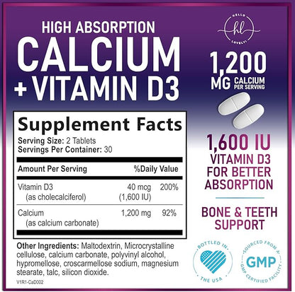 Calcium Supplements for Women 1200 mg Plus 1600 IU Vitamin D3, Bone Health, Teeth & Immune Support - Mineral Supplement with Vitamin D High Absorbable Premium Calcium Carbonate - 60 Tablets