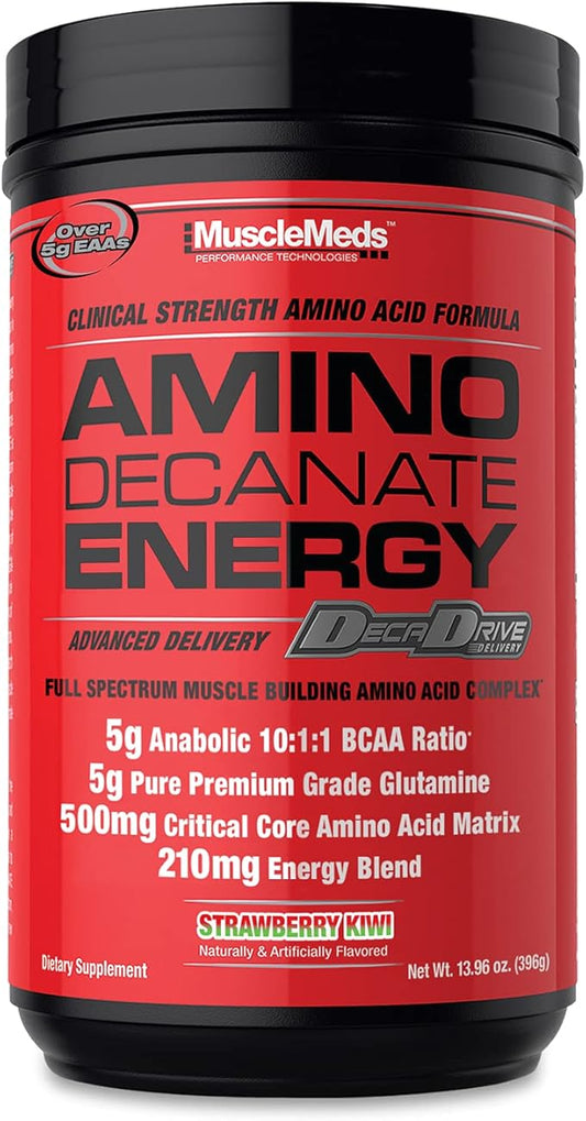 MuscleMeds Amino DECANATE Energy, Pre, Intra Workout Drink, Essential Amino Acids, BCAAs, High Leucine, Glutamine, Muscle Recovery, Strawberry Kiwi, 30 Servings
